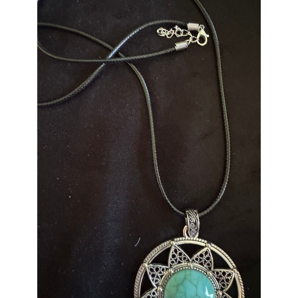 New Turquoise Look Mandala Pendant Necklace Black Cord Boho Jewelry 28” N269 - Picture 3 of 3